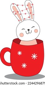 Winter rabbit symbol of 2023 in a tea cup with a garland on his ears