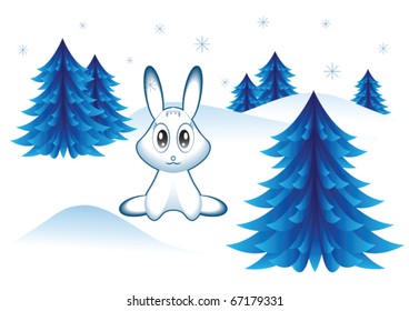 Winter rabbit and three blue fir-trees