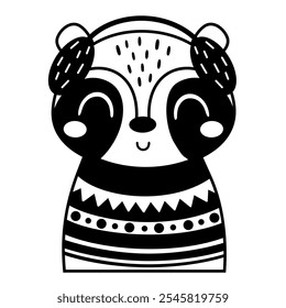 Winter raccoon clipart. Black and white animal doodle. Cute seasonal character. Hand draw vector illustration in flat style
