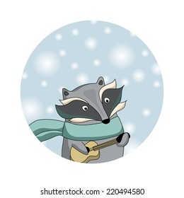 Winter raccoon with scarf and guitar. Christmas card or icon.