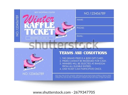 Winter raffle ticket design. Lottery ticket template with ice skates. Vector raffle ticket template isolated on white background.