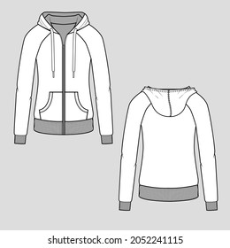 Winter Raglan sleeve Zipper hoodie sweatshirt drawstring kangaroo pocket rib cuff hem autumn fashion flat sketch technical drawing design vector