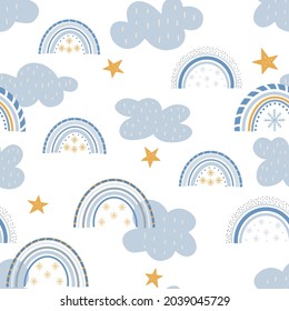 Winter Rainbow cute pattern. Digital paper. Creative childish print for fabric, wrapping, textile, wallpaper, apparel.Vector cartoon illustration in pastel colors