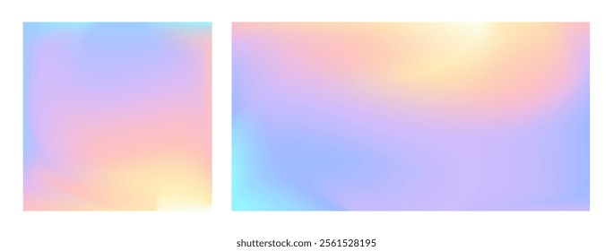 Winter rainbow sky gradient set. Vector abstract pastel color sunset of sunrise purple sky backdrops. Ombre hologram mirror texture banners. Multicolor nacre blurred holograph bg pack. Soft ombre glow