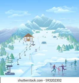 Winter reacreational park template with skating skiing snowboarding tourists on snowy forest and mountain landscape vector illustration