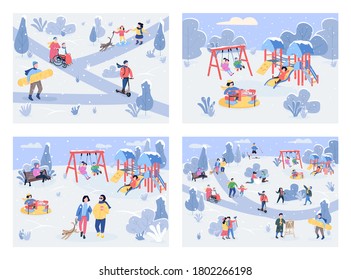 Winter recreation area flat color vector illustration set. Winter outdoor activities. Children playing with snow. Leisure time spending 2D cartoon characters with landscape on background collection