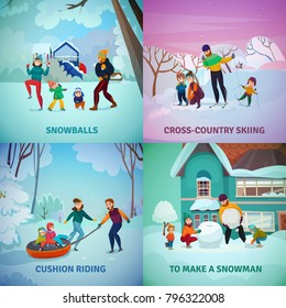 Winter recreation concept icons set with snowman and snowballs symbols flat isolated vector illustration