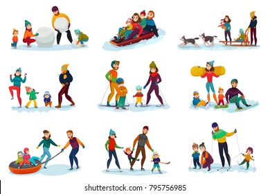 Winter Recreation Family Set With Snowballs Ski And Sleddogs Symbols Flat Isolated Vector Illustration