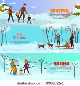 Winter recreation horizontal banners set with skating and skiing symbols flat isolated vector illustration