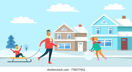 Winter recreation, pastime of family, father and child sitting on sled, woman with snowball, buildings and trees, isolated on vector illustration