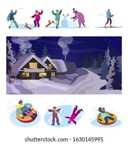 Winter recreation set. Children skiing, playing snowballs, having fun, mountain ski resort. Flat vector illustrations. Active kids, leisure concept for banner, website design or landing web page