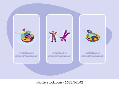 Winter recreation set. Children skiing, playing snowballs, having fun, mountain ski resort. Flat vector illustrations. Active kids, leisure concept for banner, website design or landing web page
