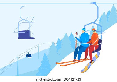 Winter recreation skiing, mountain lift, snow around, outdoor sports, season cold, design, in cartoon style vector illustration.