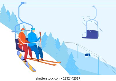 Winter recreation skiing, mountain lift, snow around, outdoor sports, season cold, design, in cartoon style vector illustration.