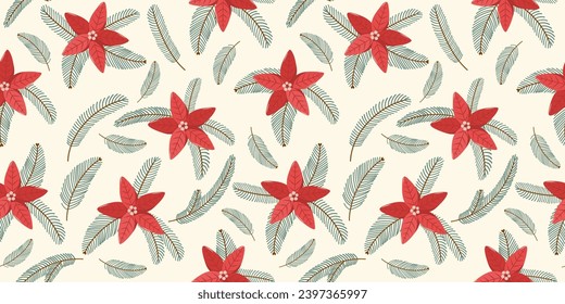 Winter rectangular seamless pattern on white background with hand drawn christmas tree branches, poinsettia in flat vector style. Holiday seasonal floral decoration. For textile, background, wrapper