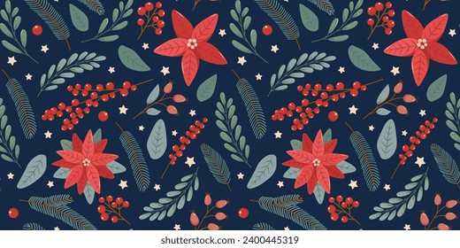 Winter rectangular seamless pattern on blue background with hand drawn christmas tree branches, poinsettia, berries and leaves in flat vector style. Holiday seasonal floral decoration.