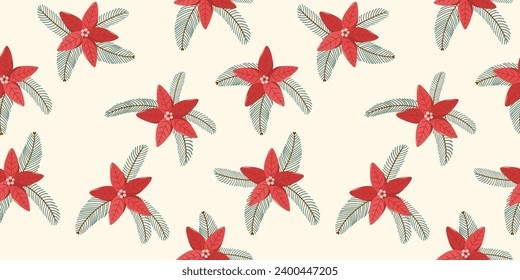 Winter rectangular seamless pattern on white background with hand drawn christmas tree branches, poinsettia in flat vector style. Holiday seasonal floral decoration. For textile, background, packaging