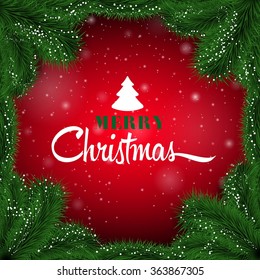 Winter red abstract background with spruce twigs. Christmas vector frame
