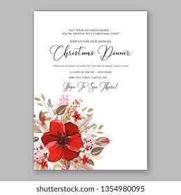 Winter red anemone poppy fir floral Christmas Party invitation wedding invitation card template with floral vector background