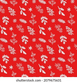 Winter red background with white hand drawn spruce branches