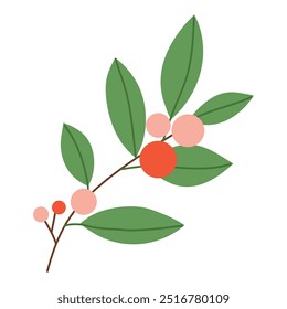 Winter red berries branch with leaves isolated on white background. Vector illustration, flat style