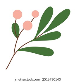 Winter red berries branch with leaves isolated on white background. Vector illustration, flat style