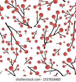 Winter red berry braches background. Seamless Christmas hawthorn pattern for cards, textile, or wrapping paper. Vector illustration