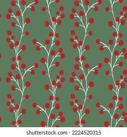 Berry roja de invierno sobre fondo verde. Patrón de espino de Navidad sin inconveniente para tarjetas, textiles o papel de envoltura. Ilustración del vector