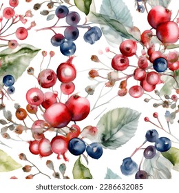  Fresas rojas y azules de invierno patrón transparente pintura acuarela color brillante