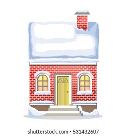 winter red brick house. Country cozy house, covered in snow on a white background.