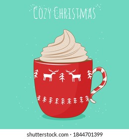 Winter red cup with chocolate and whipped cream. Christmas card. Vector illustration.