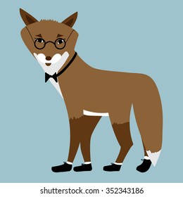 Winter red fox wearing glasses  bow tie  white socks   black shoes  Animal vector art sketch 