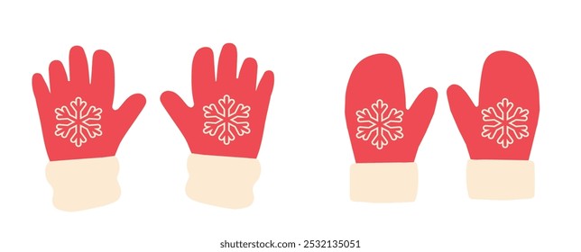 Winter red gloves and red mittens with snowflakes in flat style hand drawn. Vector illustration isolated on white background.