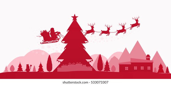 Winter red holidays landscape with christmas trees and santa on 