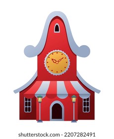 Winter red house. Building in white and red colors. Graphic element for printing on fabric, poster or banner. Architecture and decoration. Imagination and fantasy. Cartoon flat vector illustration