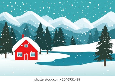 Winter red house on the shore of a mountain lake and forest. Beautiful landscape of house and forests, lake, magnificent mountains and hills in snowy weather. Christmas or New Year design.