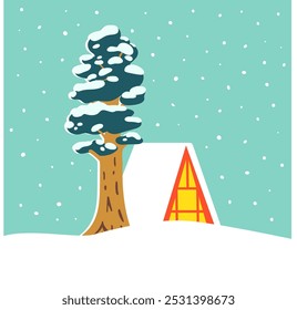 Winter red house and pine tree in linocut style. Vector illustration for cards, posters season decor. Landscape