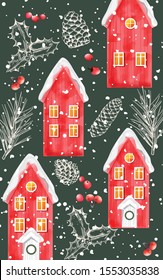 Winter red houses covered in snow with sketch winter ornaments. Conifer cone, berries and fir tree leaves. Vector