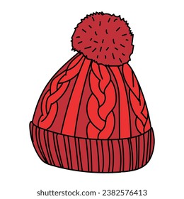 Winter red knitted hat with bombon. Design element of postcards, banners, sticker.