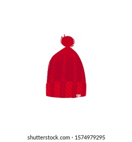 Winter red knitted warm hat cartoon flat vector illustration isolated on white background. Christmas and new Year design element the hat made of wool with pompom.