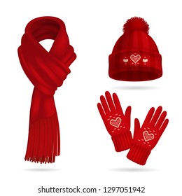 Winter red knitwear realistic set with hat and gloves isolated vector illustration