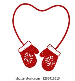 Winter red mittens with a red rope in the shape of a heart and patterns. Vector design element for valentines day
