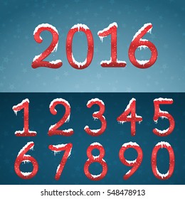 Winter red numbers set with snow caps. Frozen New year digits with snowflakes on it kit. Icicles numbers on dark snowy background