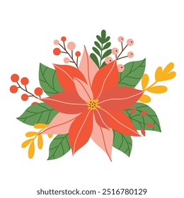 Winter red poinsettia flower with leaves and berries, christmas star isolated on white background. Vector illustration, flat style