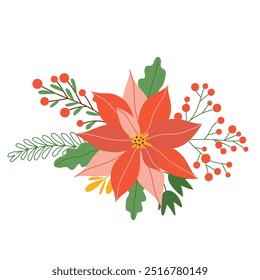 Winter red poinsettia flower with leaves and berries, christmas star isolated on white background. Vector illustration, flat style