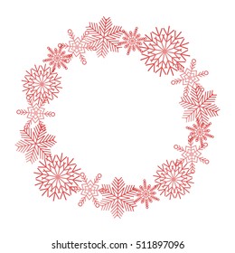 Winter red snowflakes wreath on white background