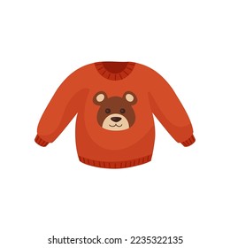 Winter red sweater for babies and kids cartoon illustration. Hand drawn sweater on white background. Childrens wardrobe, fashion concept