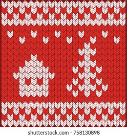 Winter red and white ornament. Knitted fabric. Christmas tree. Vector illustration.