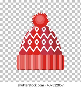 Winter red wool hat icon. Knitted winter woolen cap isolated on checkered background. Flat icon winter snowboard hat cap. Vector illustration