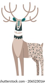 Winter reindeer animal with horns and furry coat, isolated deer with ornaments. Fauna and environment wintertime mammal and christmas symbol. Wilderness and wildlife. Vector in flat style illustration
